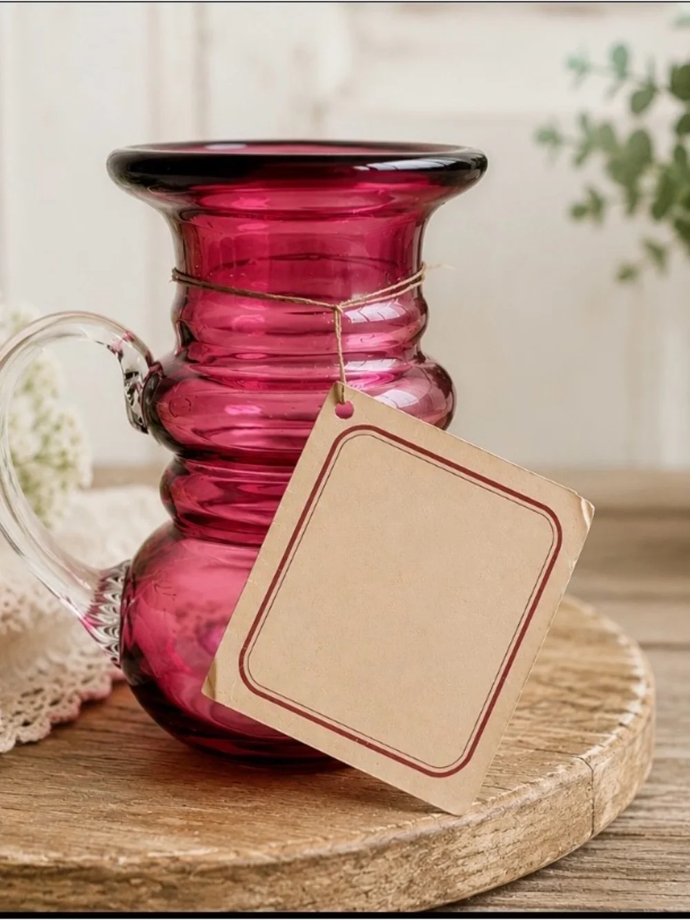 Cranberry Pitcher-Style Vase with Clear Handle